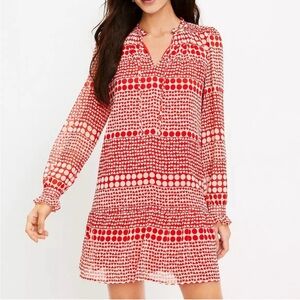 LOFT  Red Heart Polka Dot Flounce Tie Neck Long Sleeve SZ S
